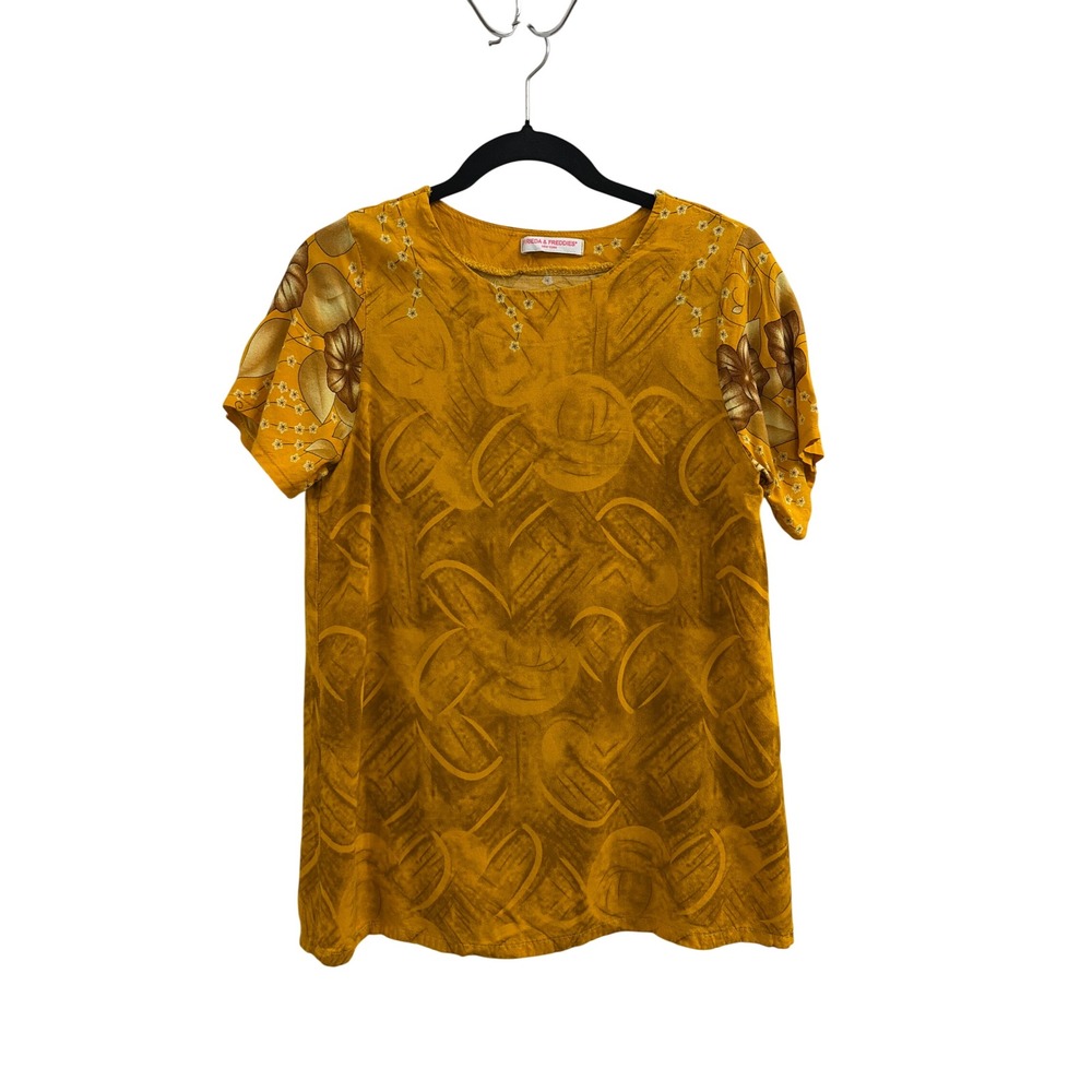 Frieda‎ & Freddies New York Mustard Yellow Abstract Floral Top Medium Womens